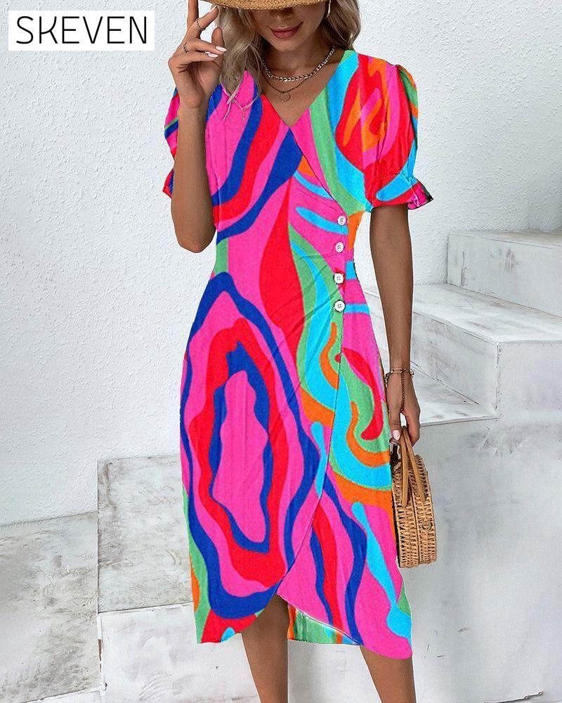 Colorful print waist dress Multicolored 23BF Casual Dresses Clothes Dresses Summer