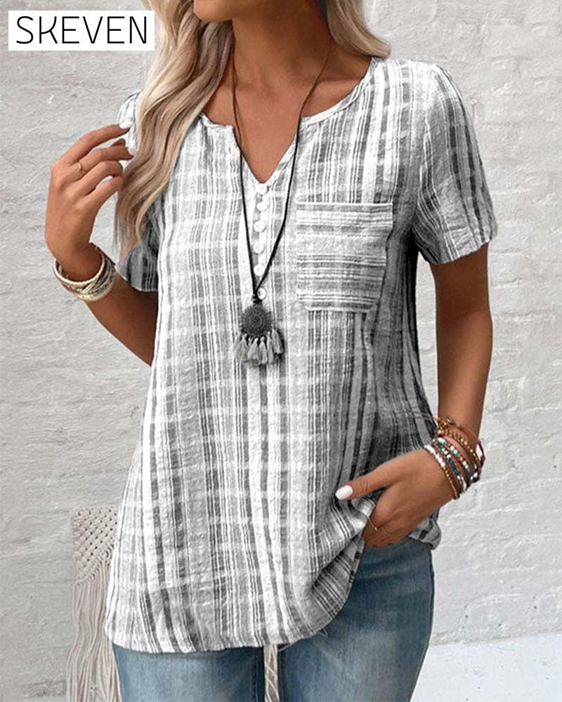Casual V Neck Striped Plaid T-Shirt