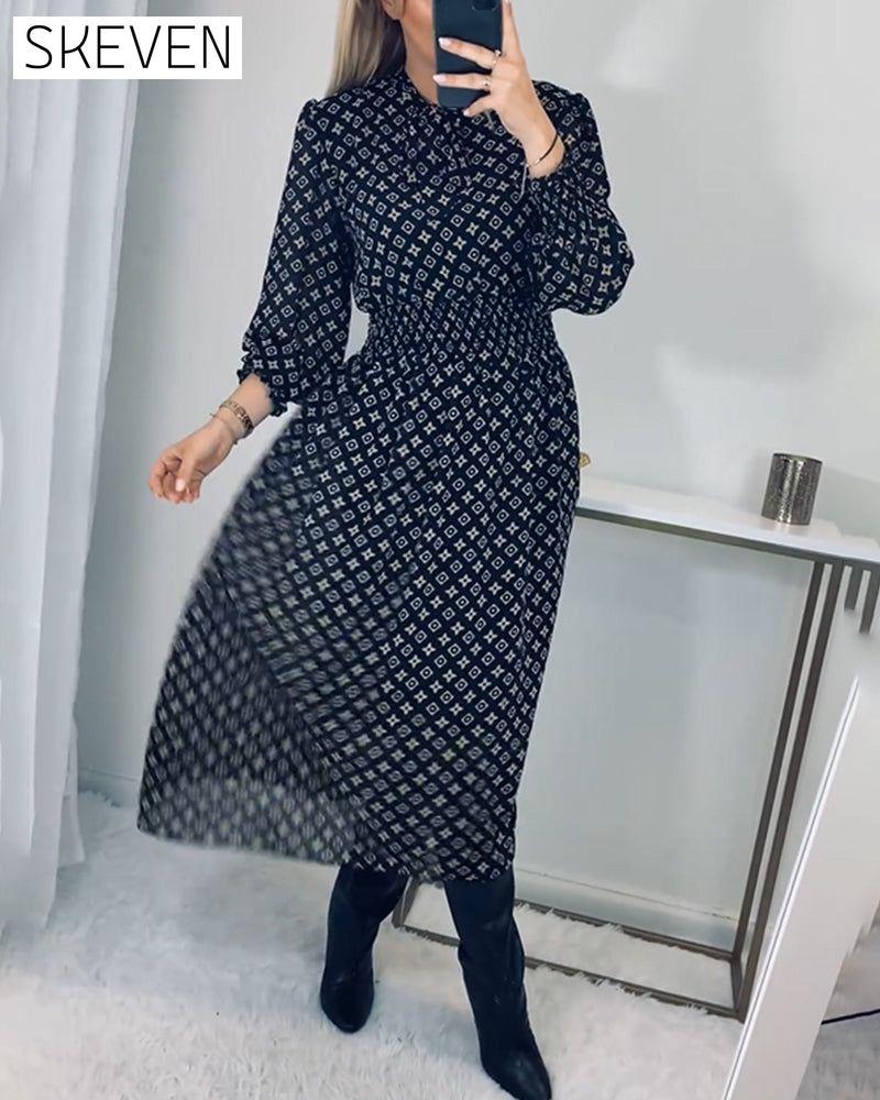 Printed long-sleeved waist dress