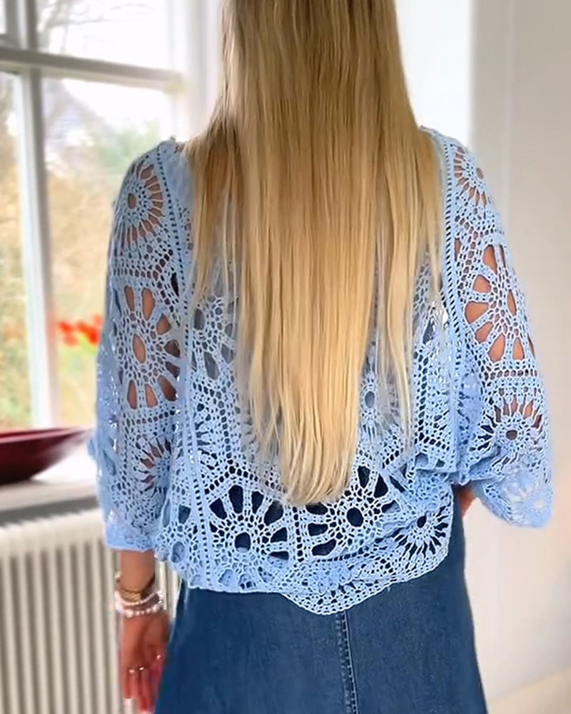 Solid V-Neck Cut-Out Knit Cover-Up Pullover