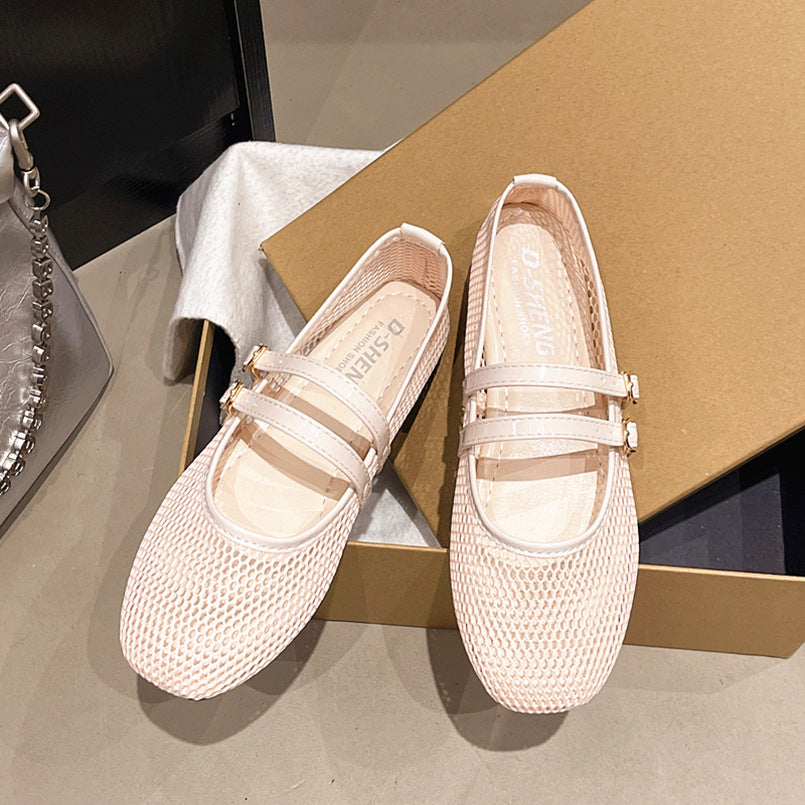 Mary Jane Round-toe Peep-toe Flat-heeled Buckle Sandals