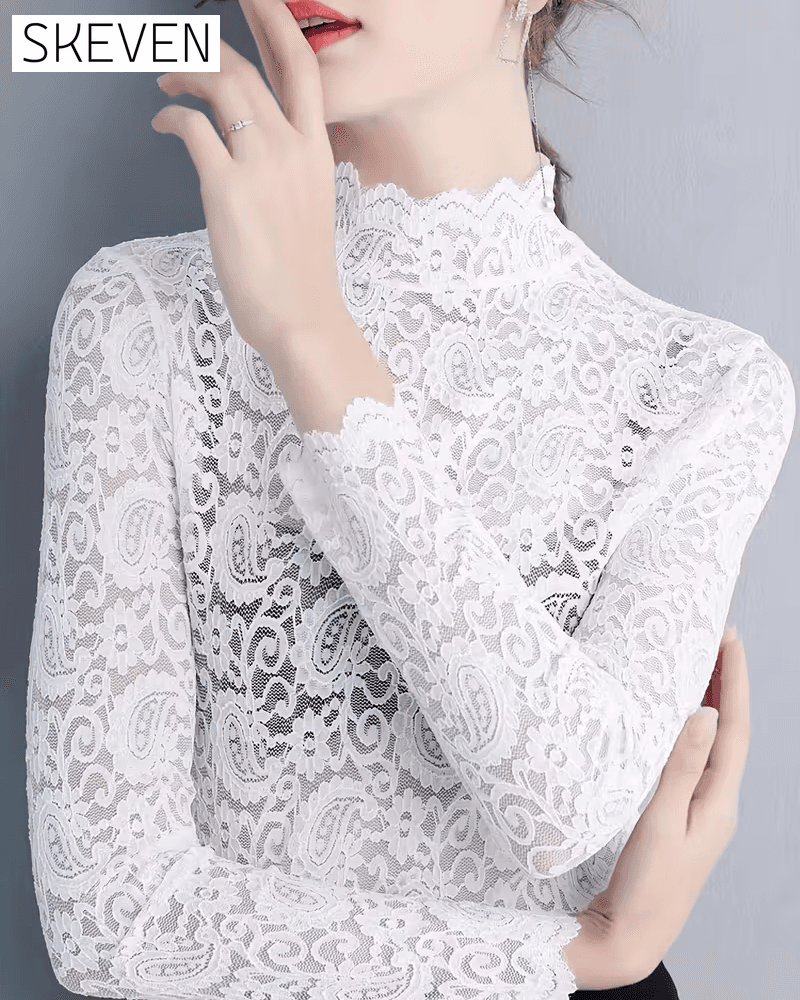 Elegant Solid Half Neckline Long Sleeve Lace Top