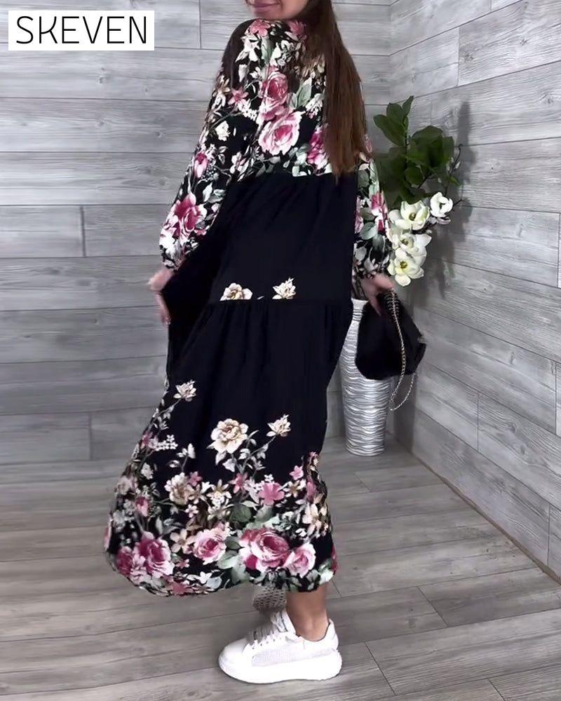 Floral Print Casual Lantern Sleeve Dress