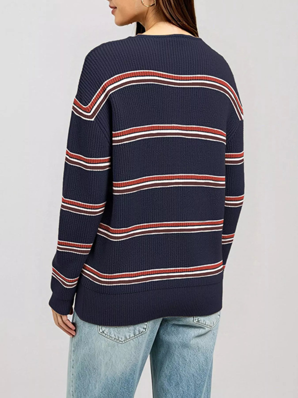 Striped Ribbed Knit Top with Keyhole Neckline