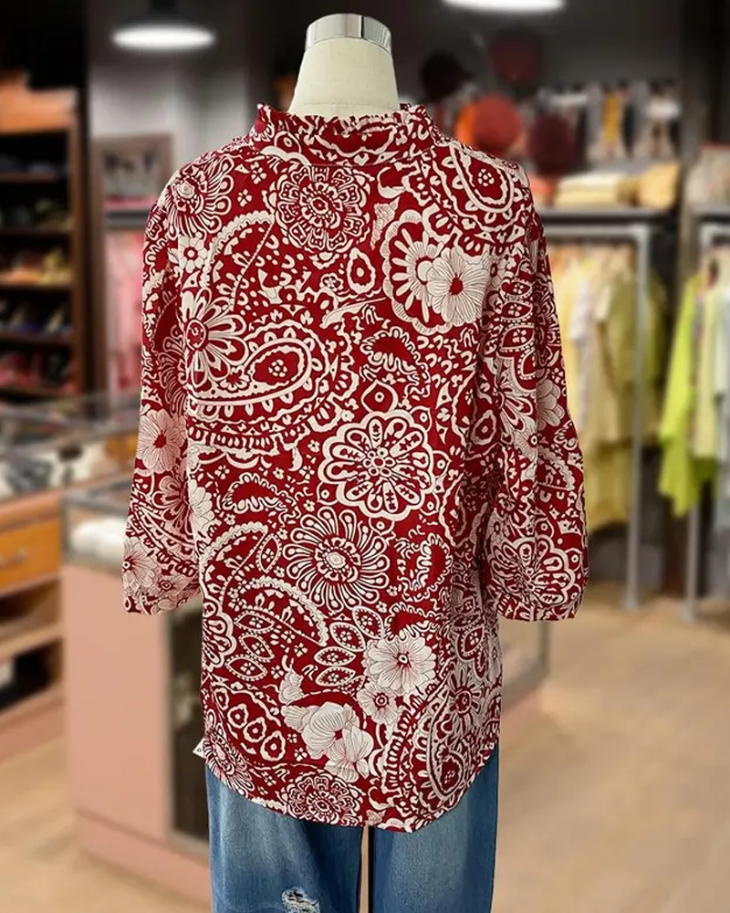 Paisley Floral Print Mandarin Collar Blouse
