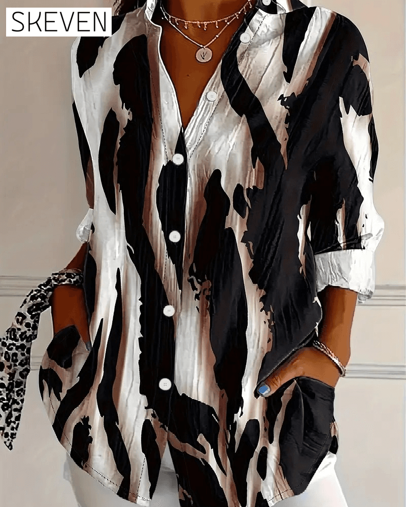 Stand Collar Irregular Printed Blouse