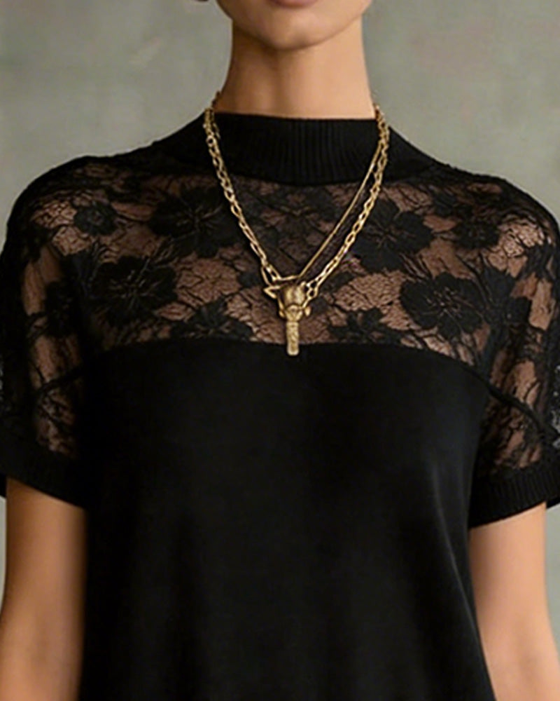 Lace Panel Mock Neck Dress