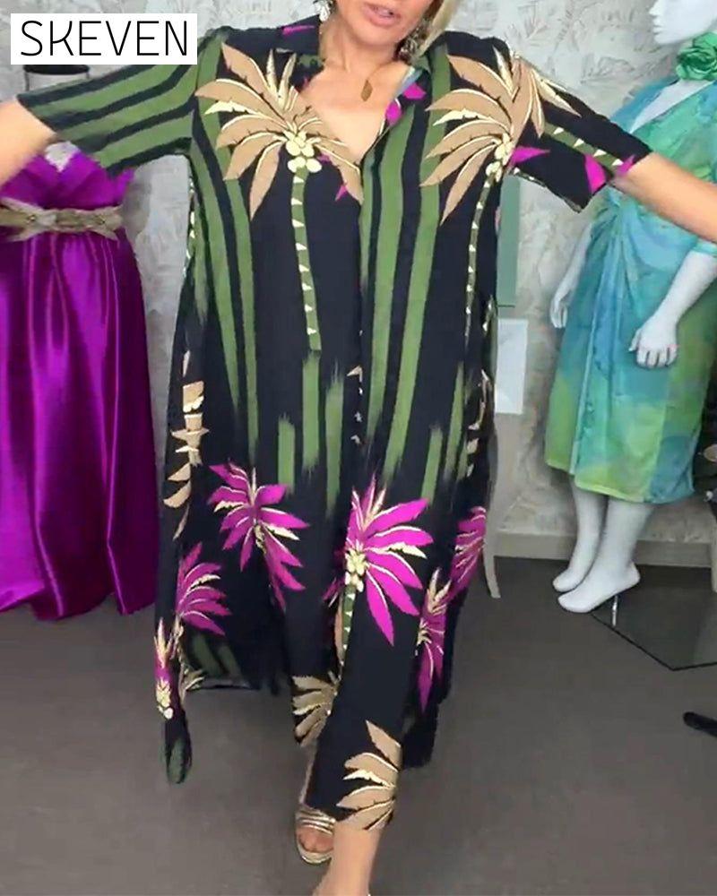 robe décontractée à imprimé feuilles, fente, manches courtes et ample