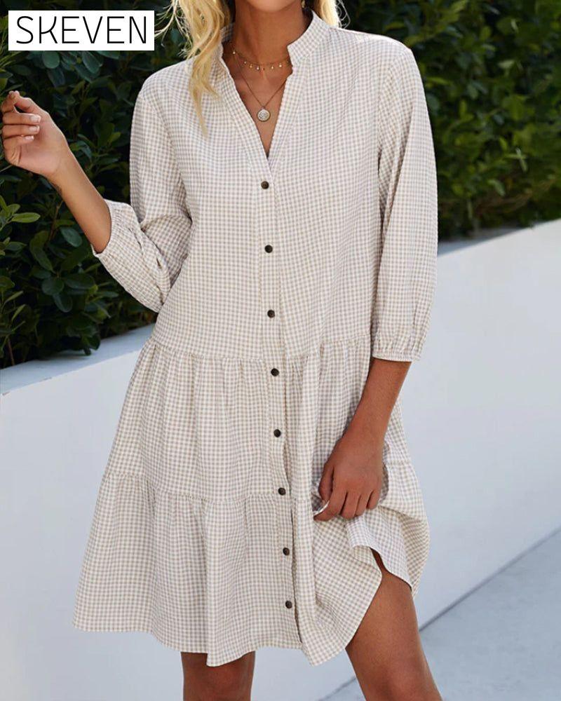 Stand Collar Plaid Print Dress 23BF Casual Dresses Clothes Dress Dresses Summer