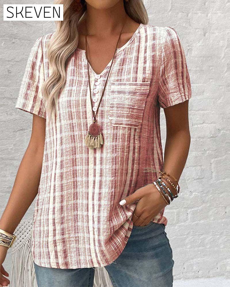 Casual V Neck Striped Plaid T-Shirt