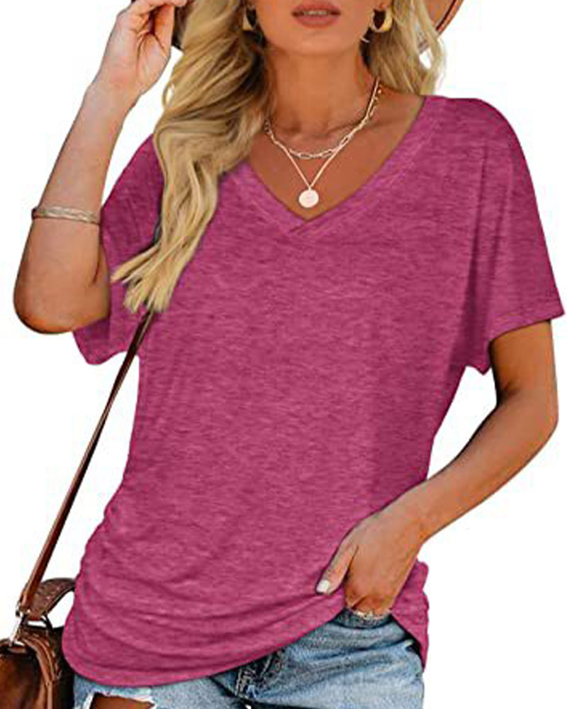 Pleated Solid Color V-Neck T-Shirt