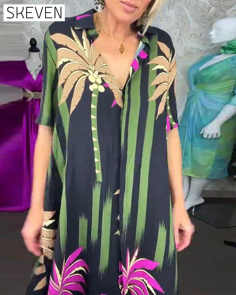 robe décontractée à imprimé feuilles, fente, manches courtes et ample