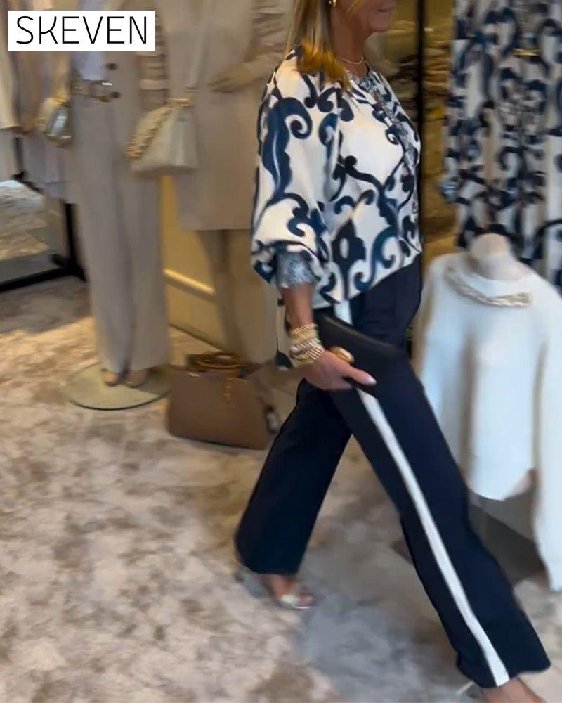Bluse mit Retro-Muster und Laternenärmeln