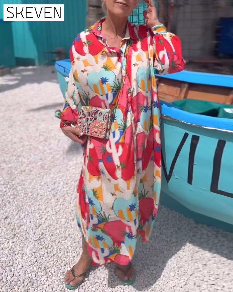 Printed lapel long sleeve dress