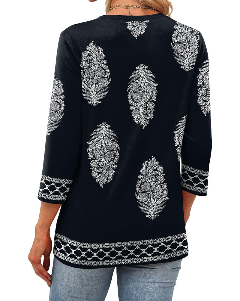Printed Three-Quarter Sleeve Crew Neck Top