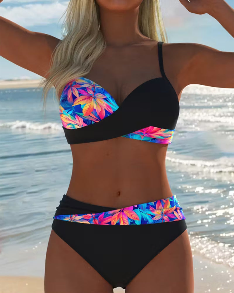 Botanical Leaf Print Color-Block Bikini
