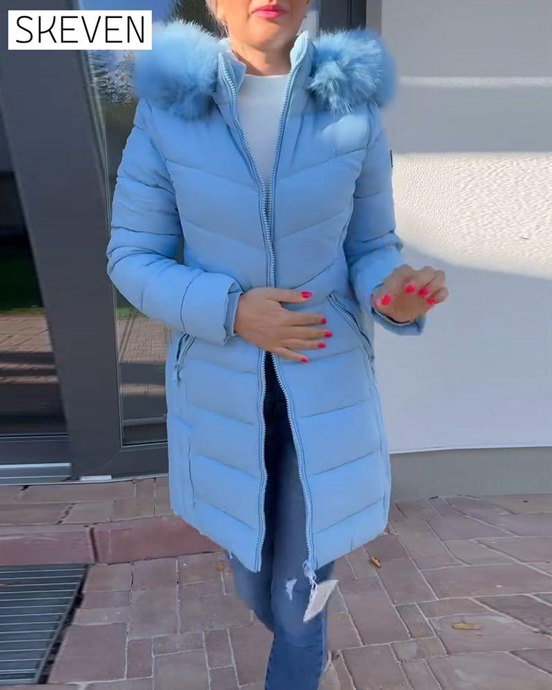 Casual solid color zipper pocket hooded padded jacket