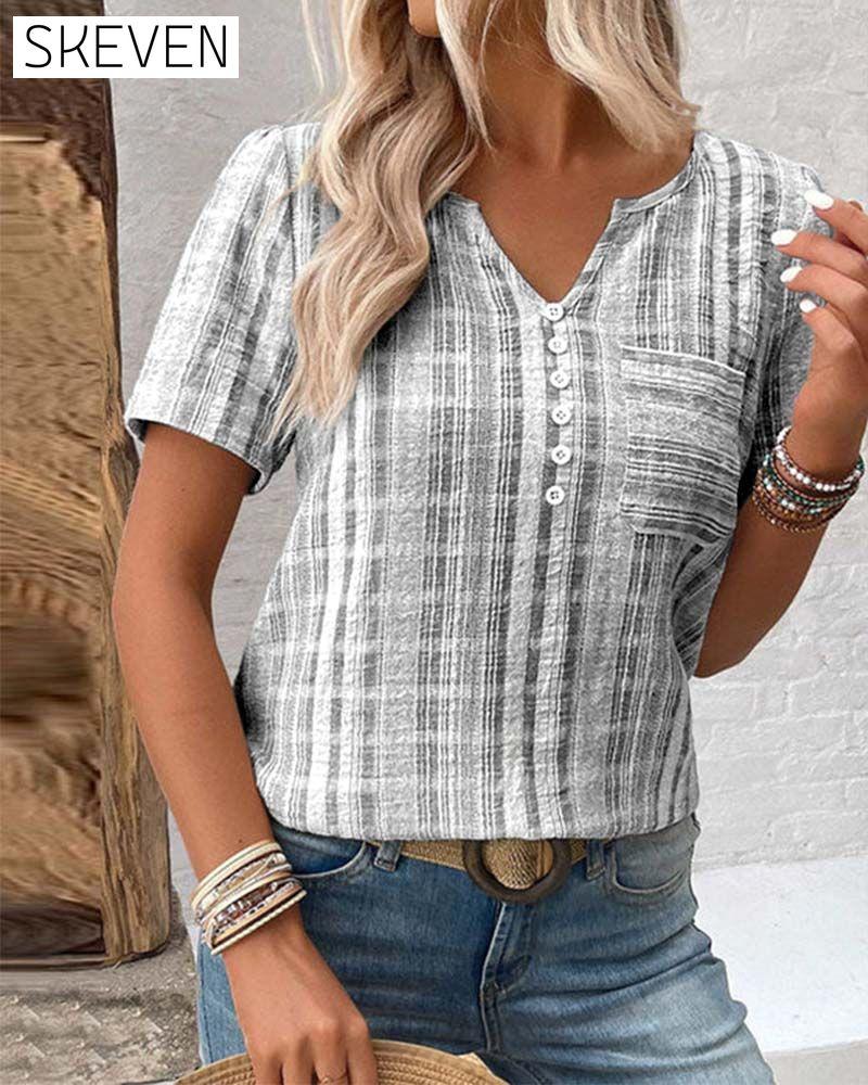 Casual V Neck Striped Plaid T-Shirt