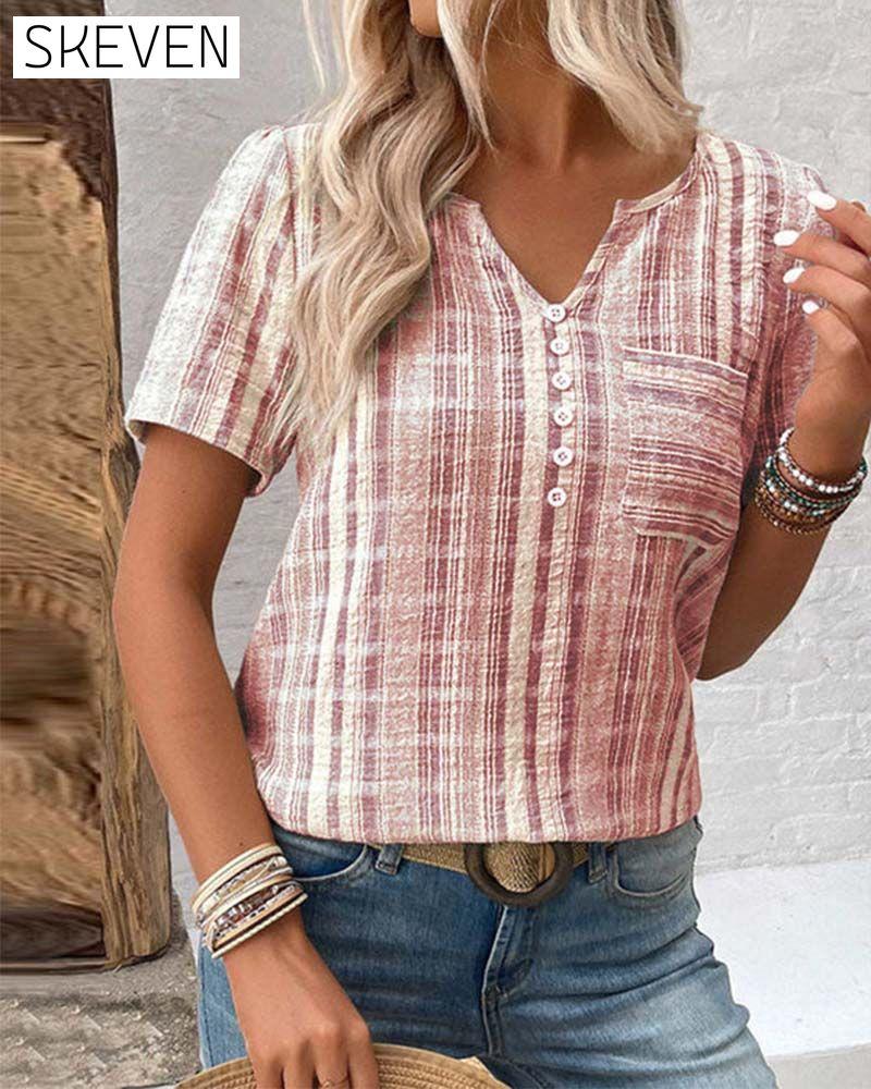Casual V Neck Striped Plaid T-Shirt
