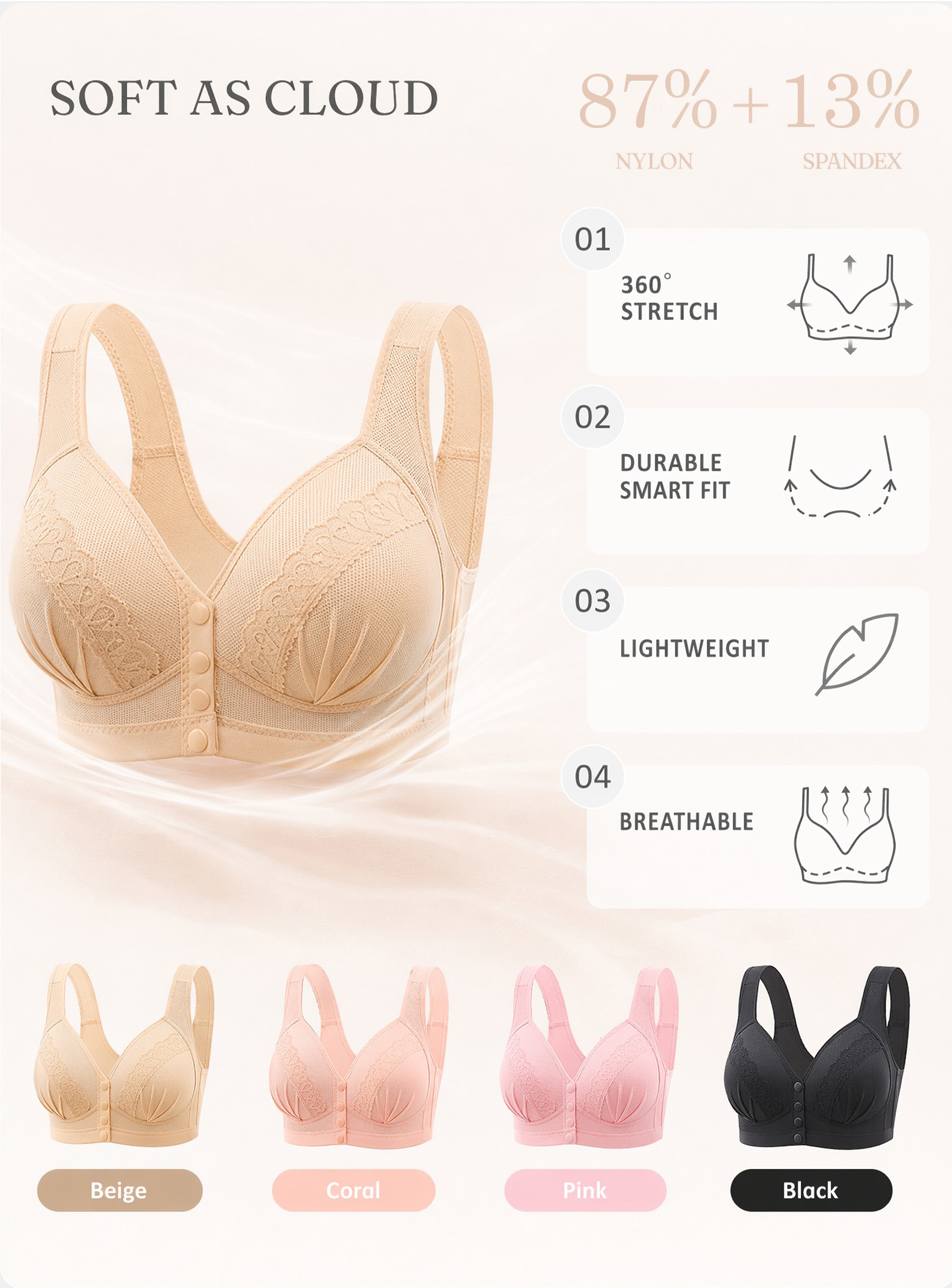 💥LAST DAY SALE ONLY ￡7.99!!💘CloudComfort™ Front-Button Cotton Bra – Breathable • Wire-Free • All-Day Support • Non-Padded & Skin-Friendly 🌿