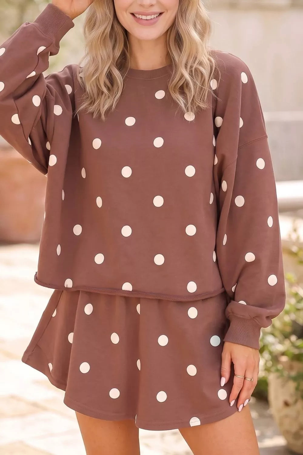 Polka Dot Raw Hem Relaxed Pullover Loose Skort Two Piece Set