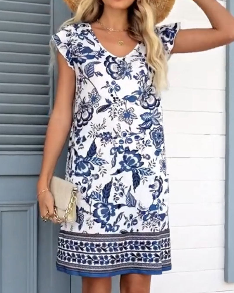 Blue China Pattern V-Neck Short Sleeve Dress