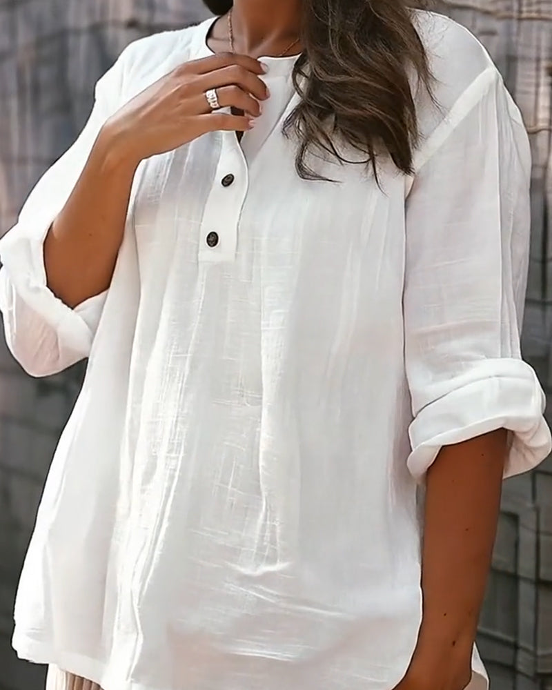 Solid Color Round Neck Long-Sleeved Blouse