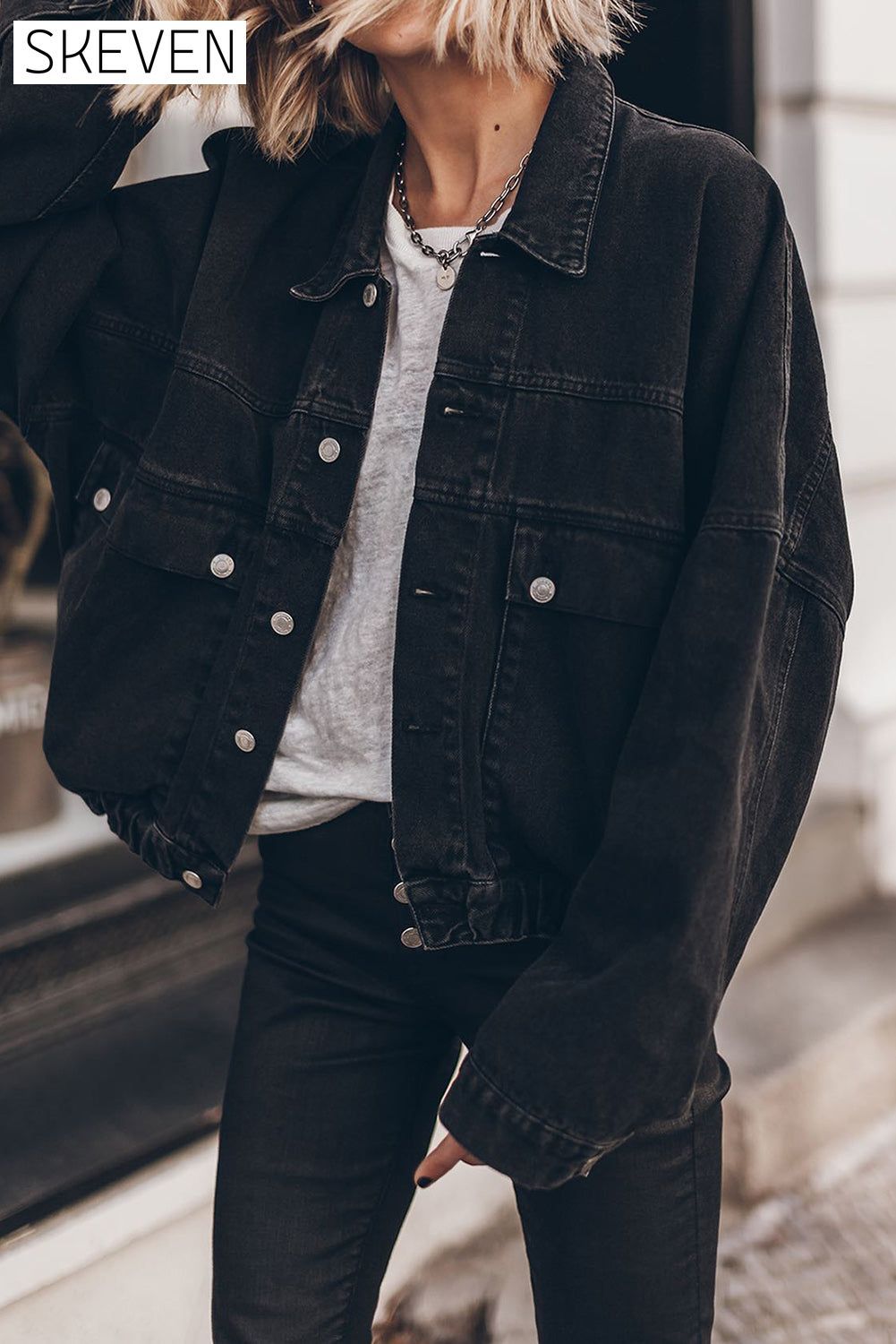 Black Metal Buttons Flap Pocket Drop Shoulder Denim Jacket All In Stock clothes EDM Monthly Recomend Fabric Denim Jackets & Coats Occasion Daily Print Solid Color Season Winter Style Casual