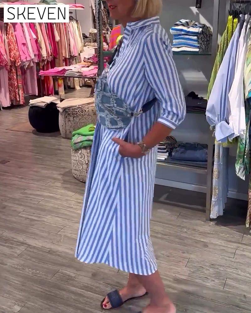 Stripe print lapel button dress