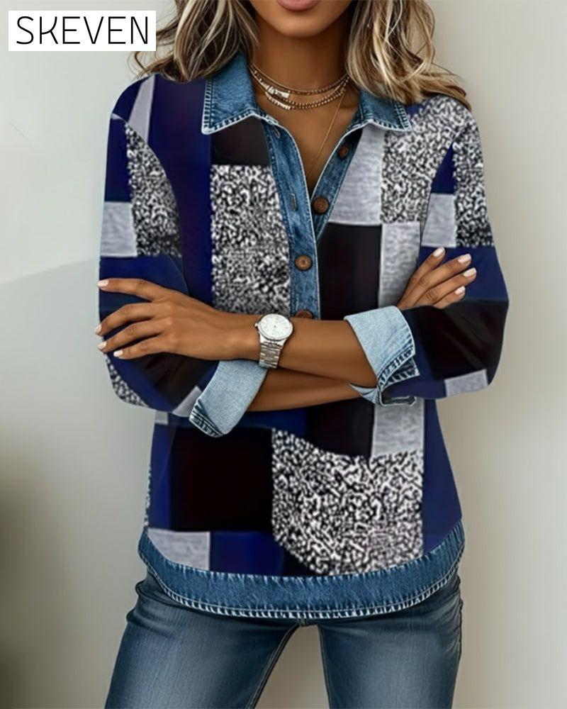 Freizeit-Sweatshirt mit Denim-Patchwork-Print
