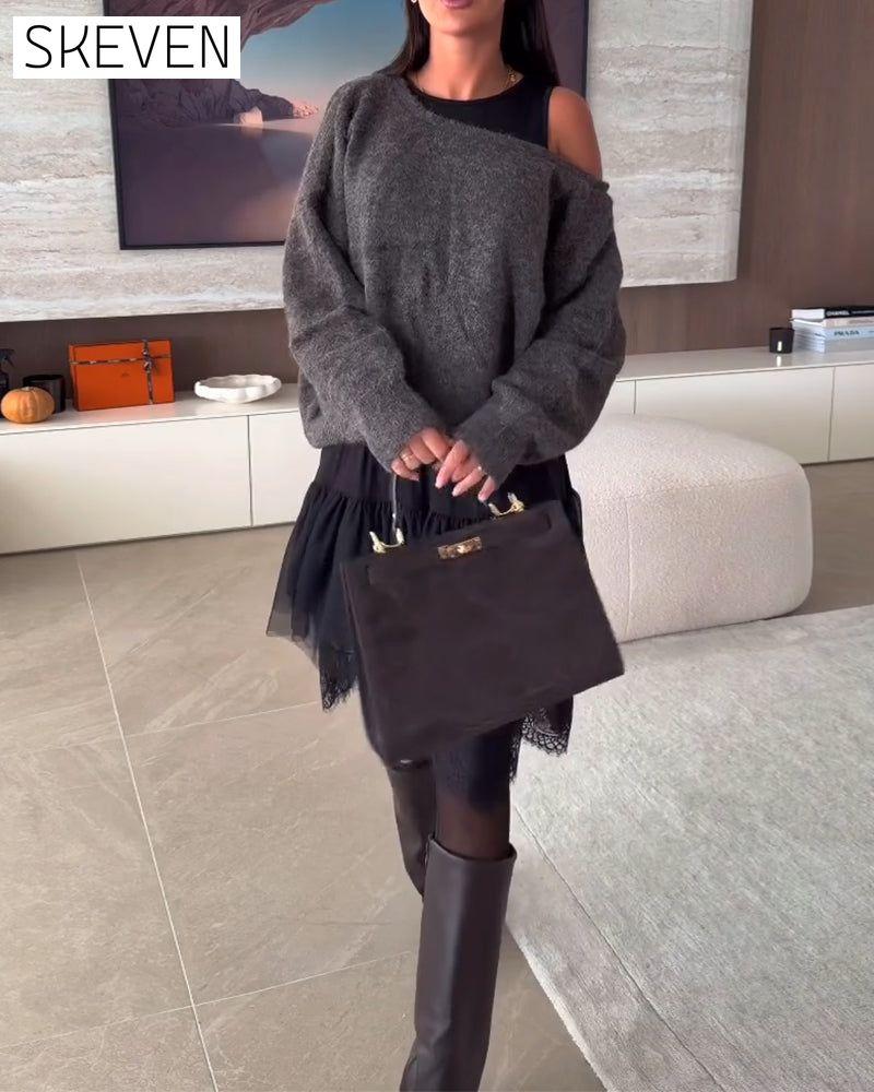 Robe pull ample à épaules dénudées et ourlet en dentelle