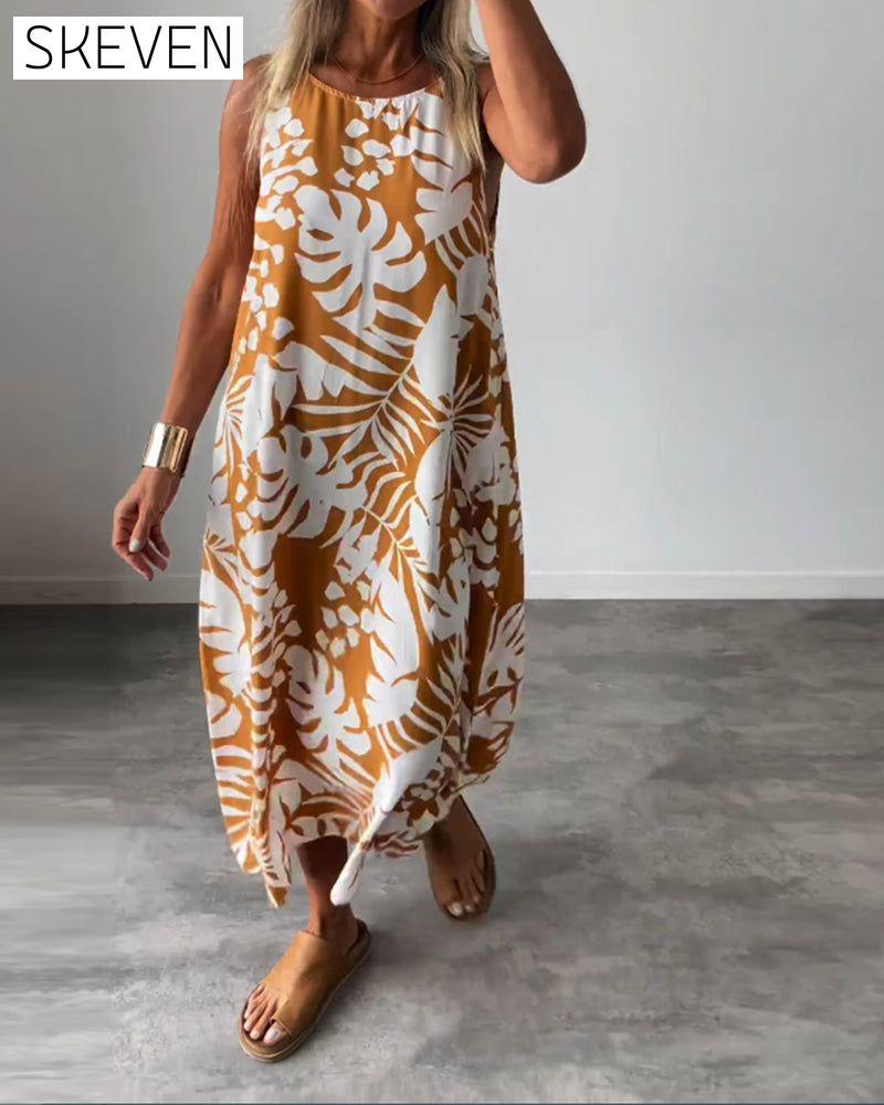 Leaf print casual sleeveless dress