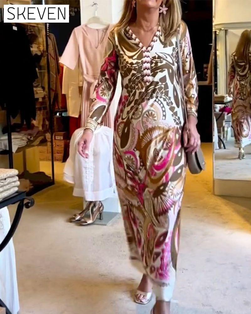 Lässiges langes Kleid mit V-Ausschnitt und Print