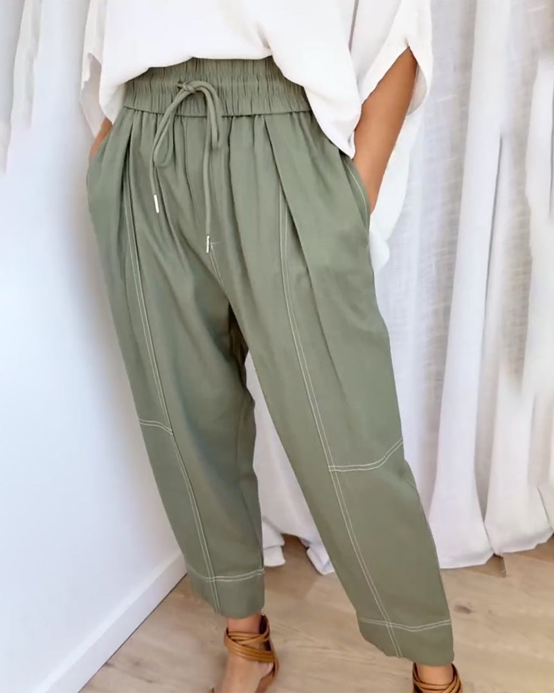 Elastic Waist Drawstring Lantern Pants