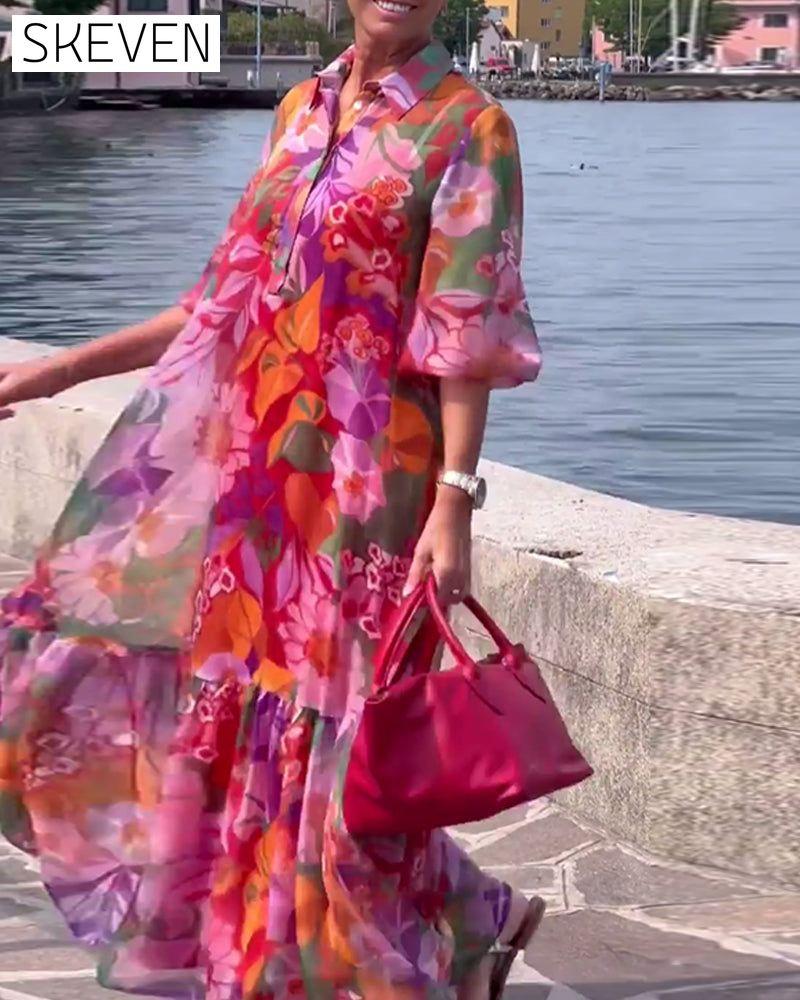 Colorful Printed Lantern Sleeve Loose Dress