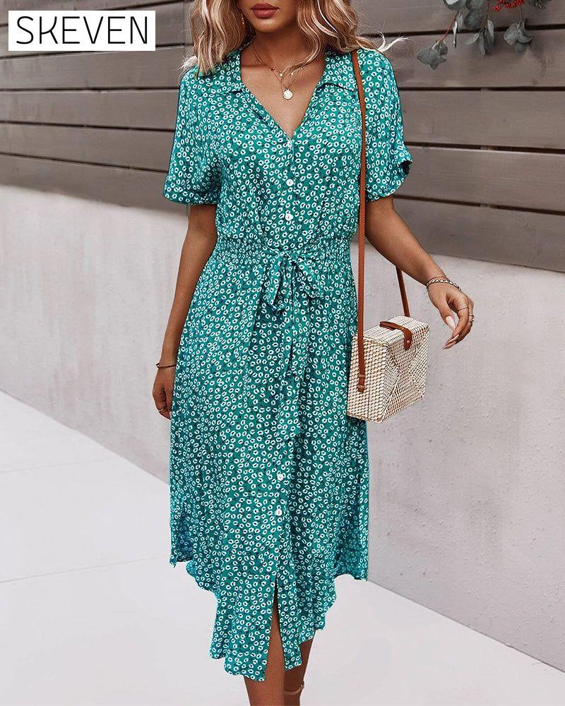 Short-sleeved waisted floral dress