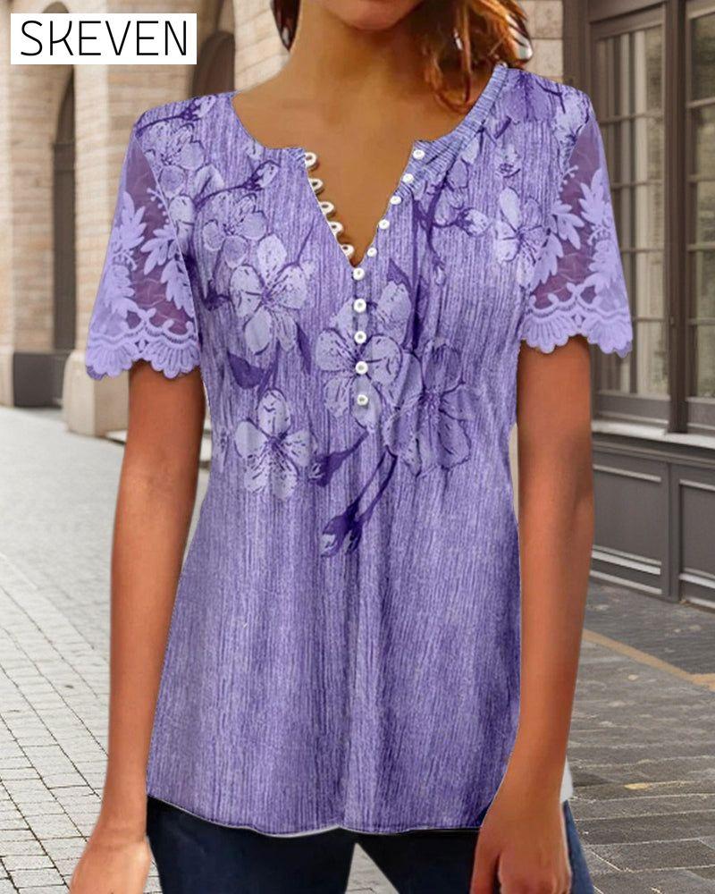 Bluse mit Spitzeneinsatz, Rundhalsausschnitt und Print