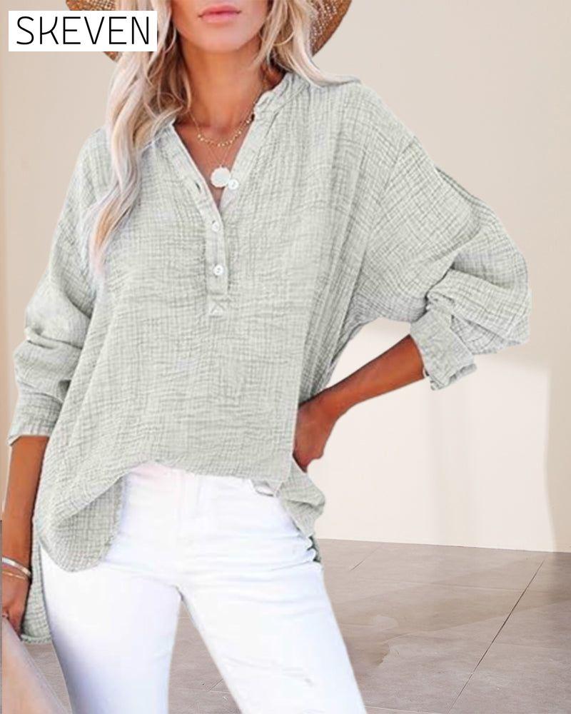 Pleated Button Long Sleeve Blouse