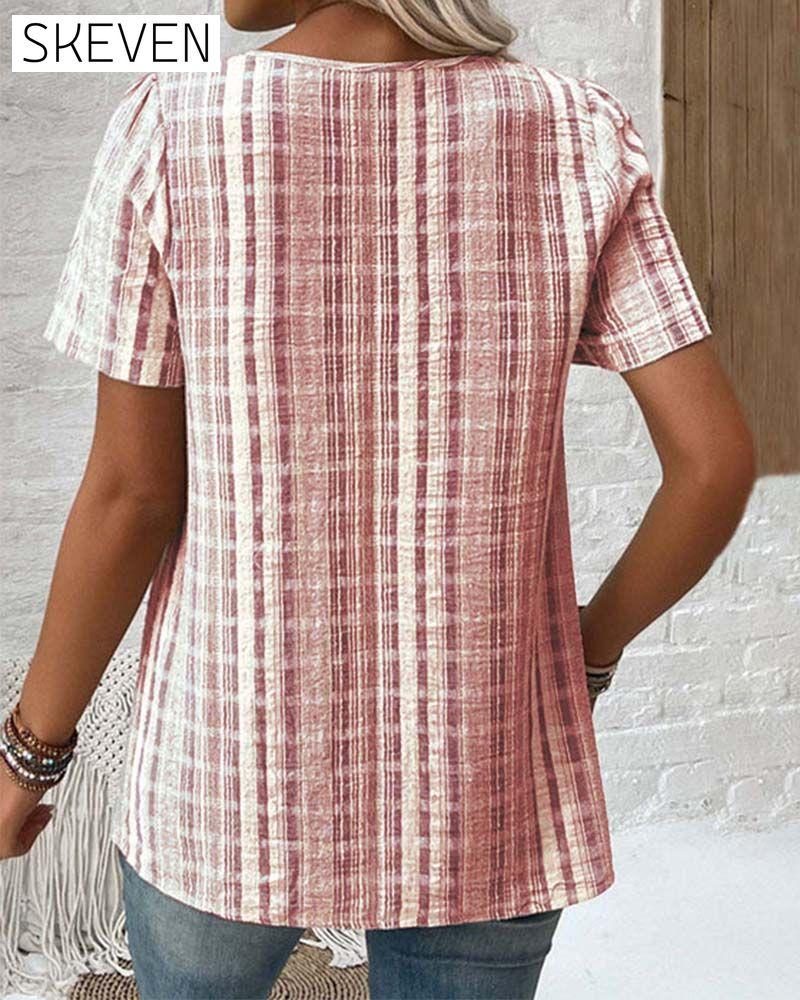 Casual V Neck Striped Plaid T-Shirt