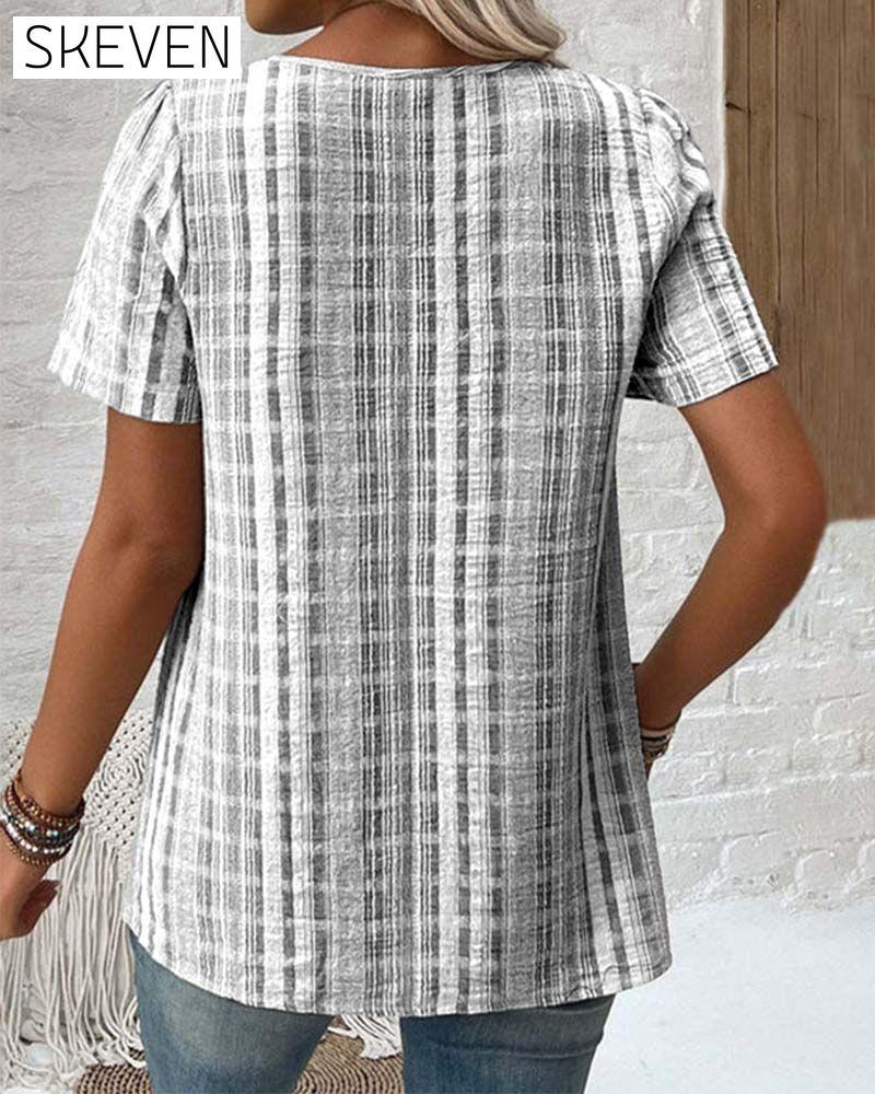 Casual V Neck Striped Plaid T-Shirt