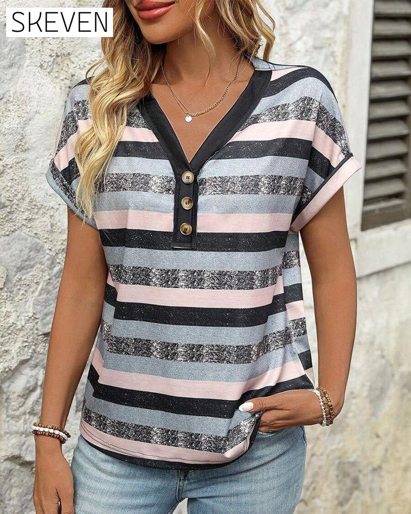 V-Neck Three-Button Striped T-Shirt