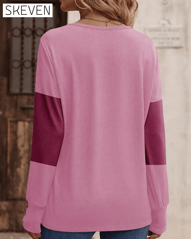 Women's Colorblock Print Button Decor Drop Shoulder Tee