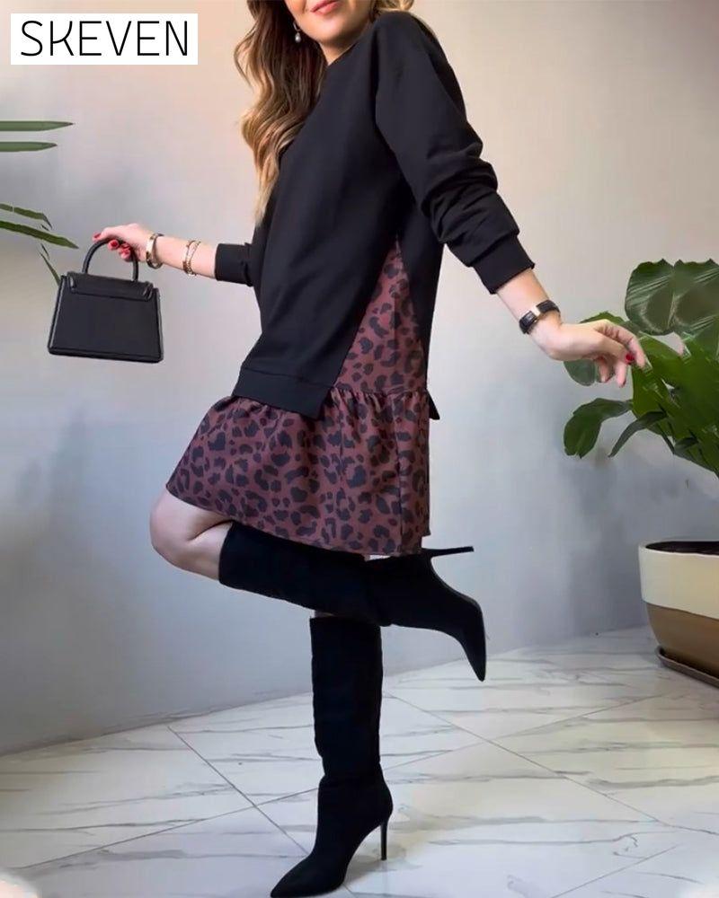 Patchwork leopard print casual dress