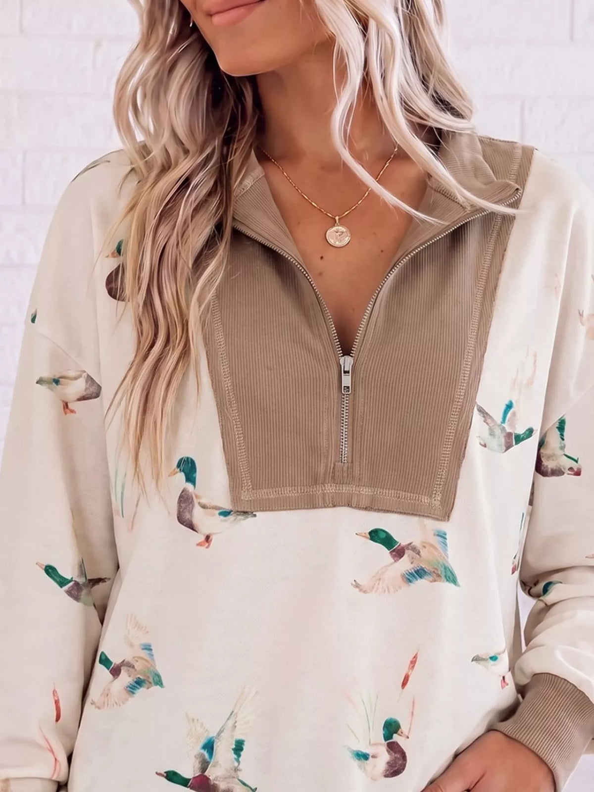 Quarter-Zip Duck Print Casual Sweatshirt