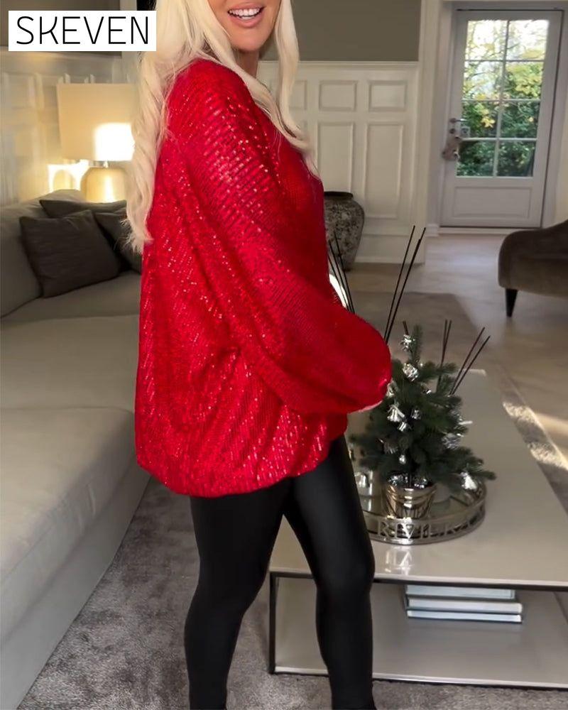 haut à sequins à manches bouffantes et col rond