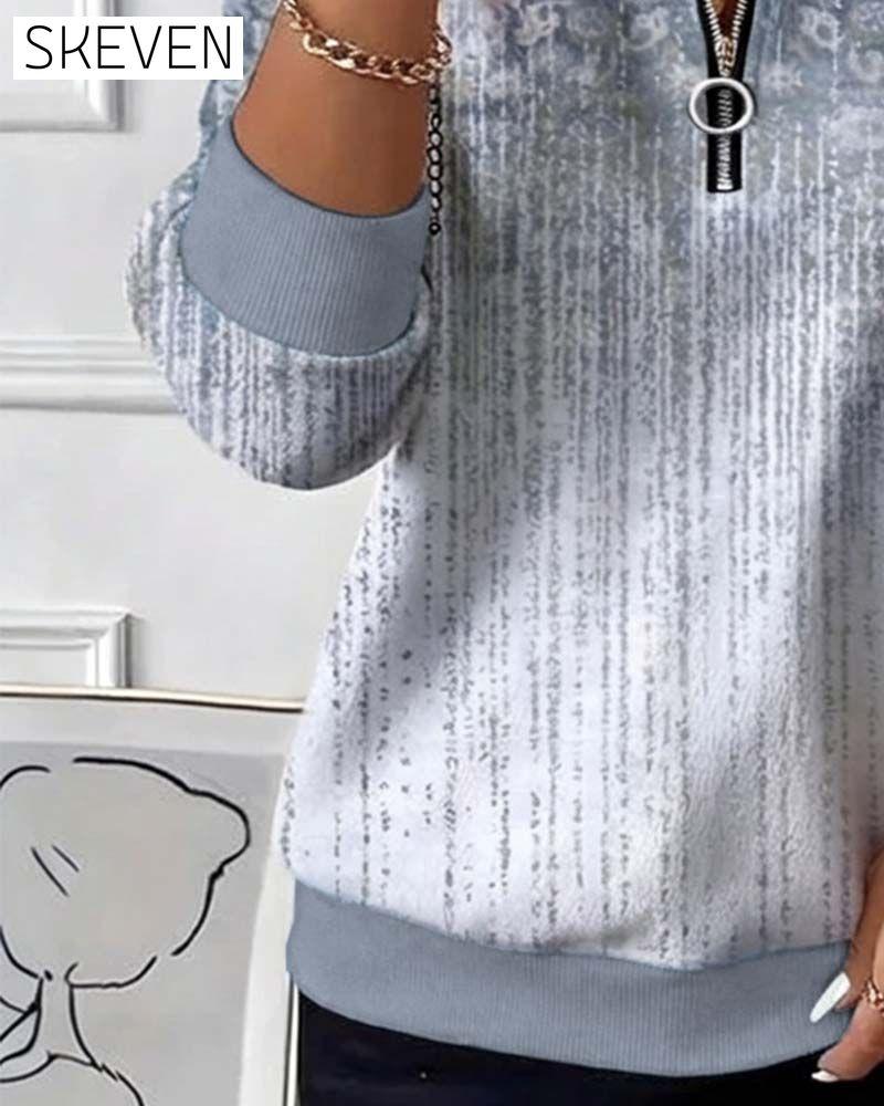Zipper Retro Printed Sweatshirt