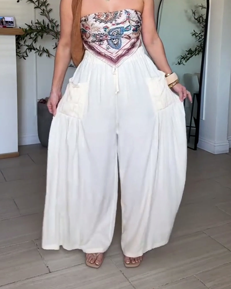 Drawstring Pleated Pocket Wide Leg Pants