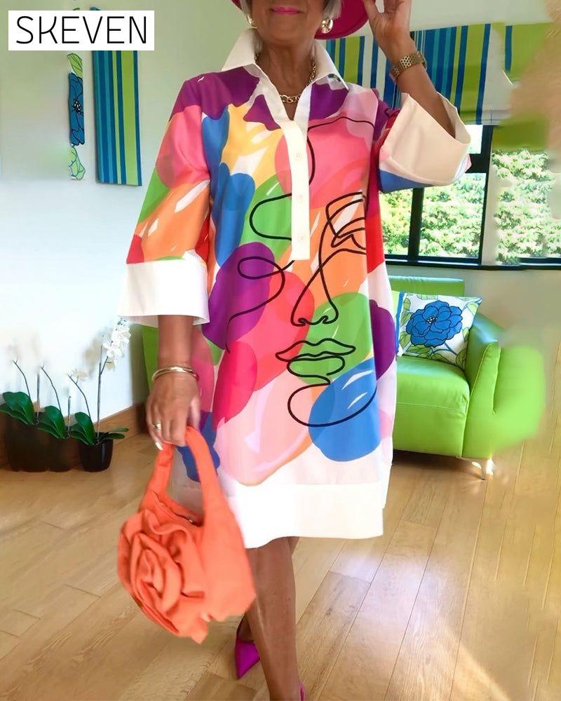 Lapel color portrait print dress