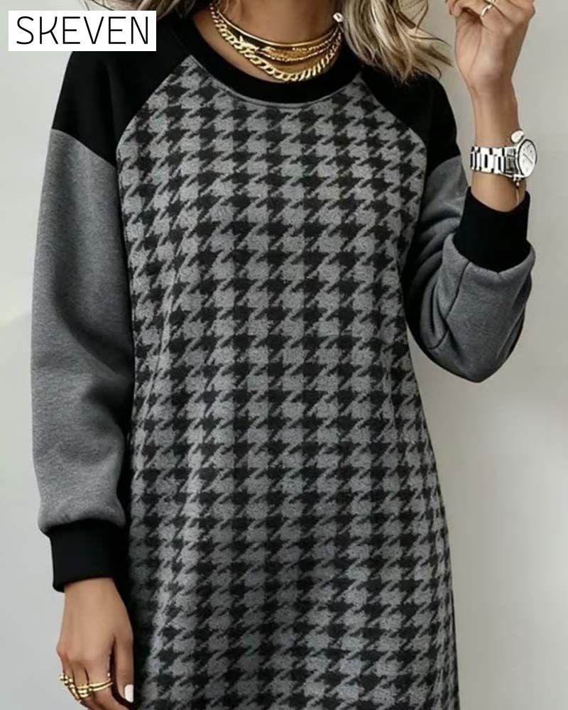 Round Neck Houndstooth Color-Block Dress