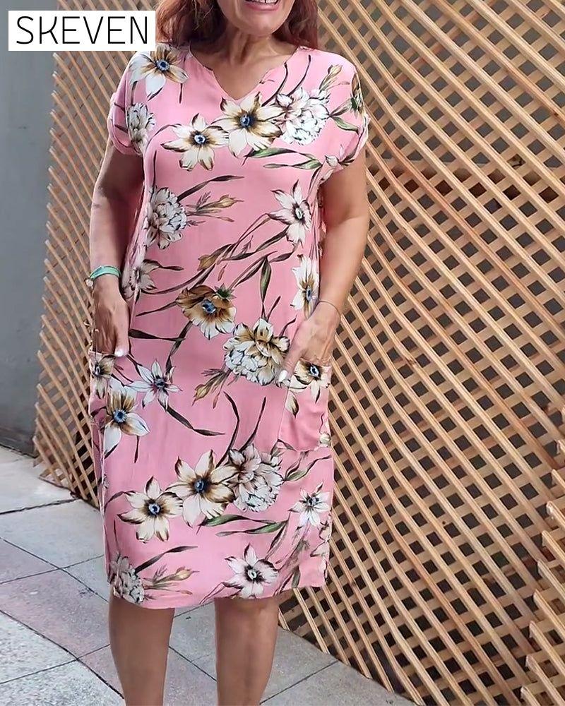 Floral print V-neck short-sleeved dress casual dresses summer